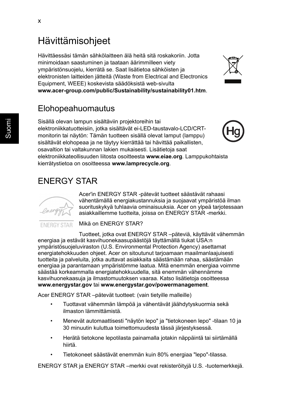Hävittämisohjeet, Elohopeahuomautus, Energy star | Acer TravelMate P653-V User Manual | Page 930 / 2742