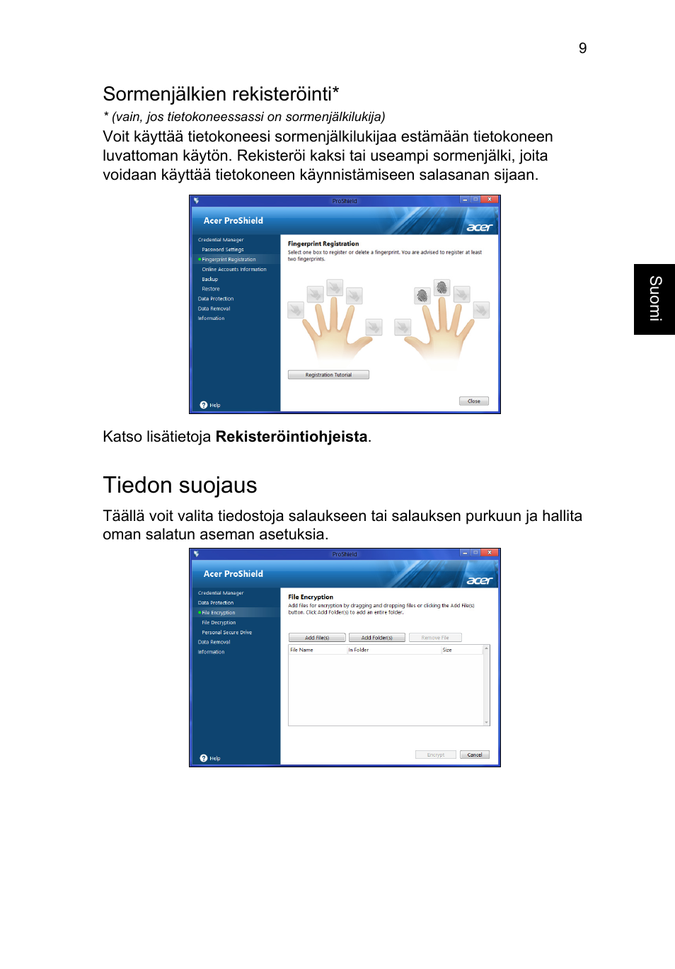 Sormenjälkien rekisteröinti, Tiedon suojaus | Acer TravelMate P653-V User Manual | Page 949 / 2742