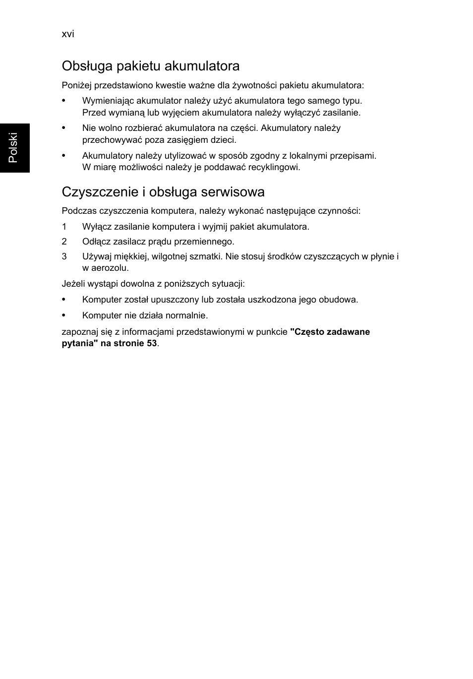 Obsługa pakietu akumulatora, Czyszczenie i obsługa serwisowa | Acer Aspire V5-571G User Manual | Page 1026 / 2484