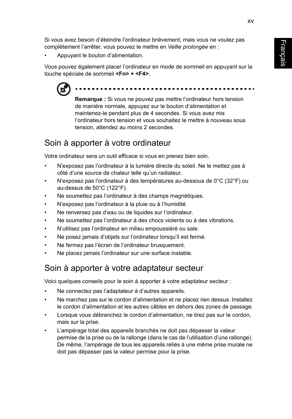 Français, Soin à apporter à votre ordinateur, Soin à apporter à votre adaptateur secteur | Acer Aspire V5-571G User Manual | Page 103 / 2484