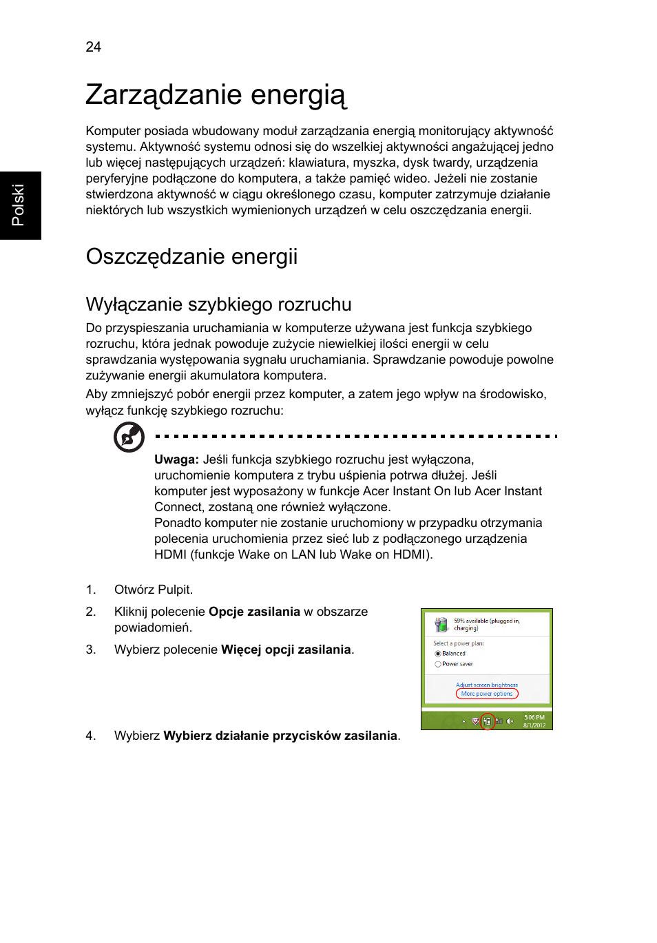 Zarządzanie energią, Oszczędzanie energii, Wyłączanie szybkiego rozruchu | Acer Aspire V5-571G User Manual | Page 1054 / 2484