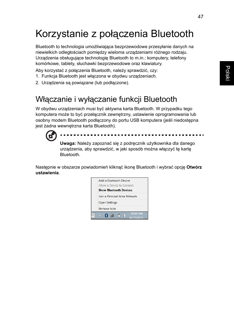 Korzystanie z połączenia bluetooth, Włączanie i wyłączanie funkcji bluetooth | Acer Aspire V5-571G User Manual | Page 1077 / 2484