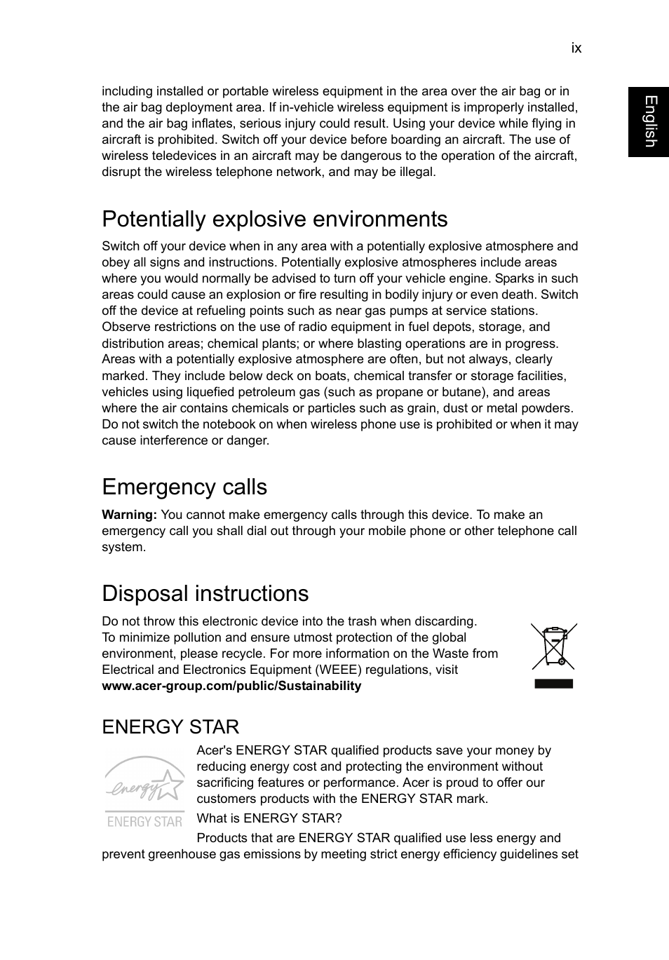 Potentially explosive environments, Emergency calls, Disposal instructions | Energy star | Acer Aspire V5-571G User Manual | Page 11 / 2484