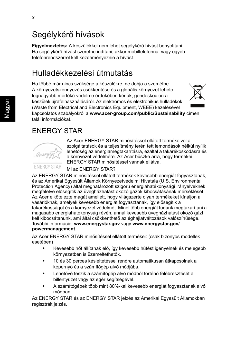 Segélykérő hívások, Hulladékkezelési útmutatás, Energy star | Acer Aspire V5-571G User Manual | Page 1104 / 2484