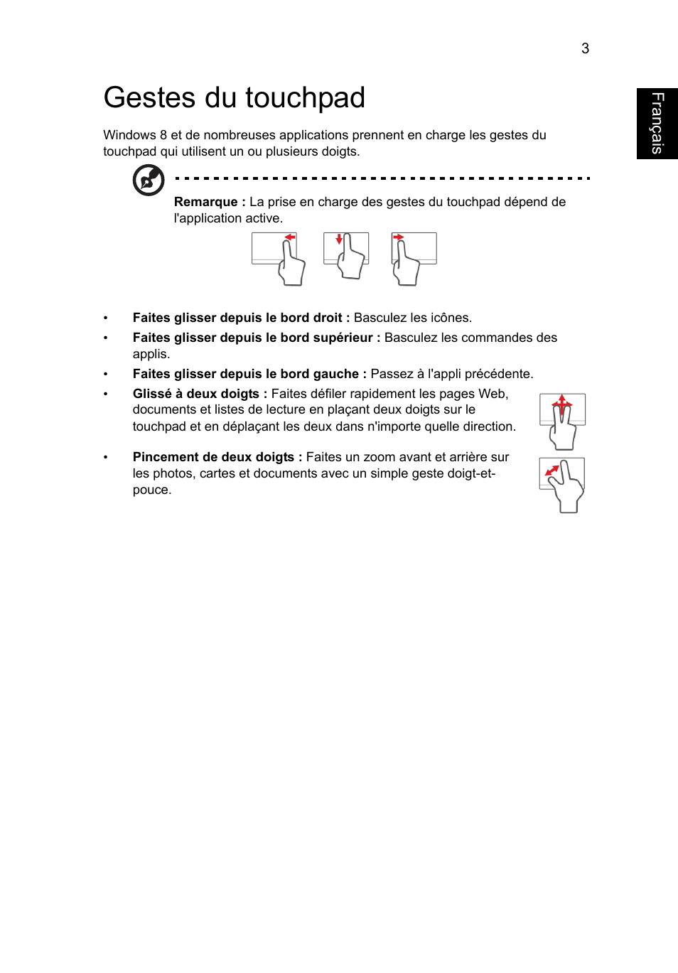 Gestes du touchpad, Français | Acer Aspire V5-571G User Manual | Page 111 / 2484