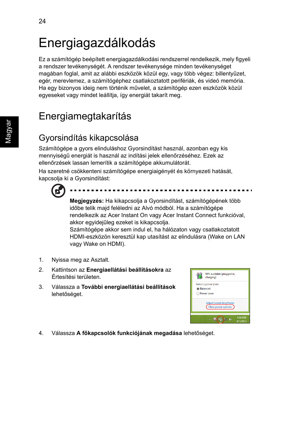 Energiagazdálkodás, Energiamegtakarítás, Gyorsindítás kikapcsolása | Acer Aspire V5-571G User Manual | Page 1138 / 2484