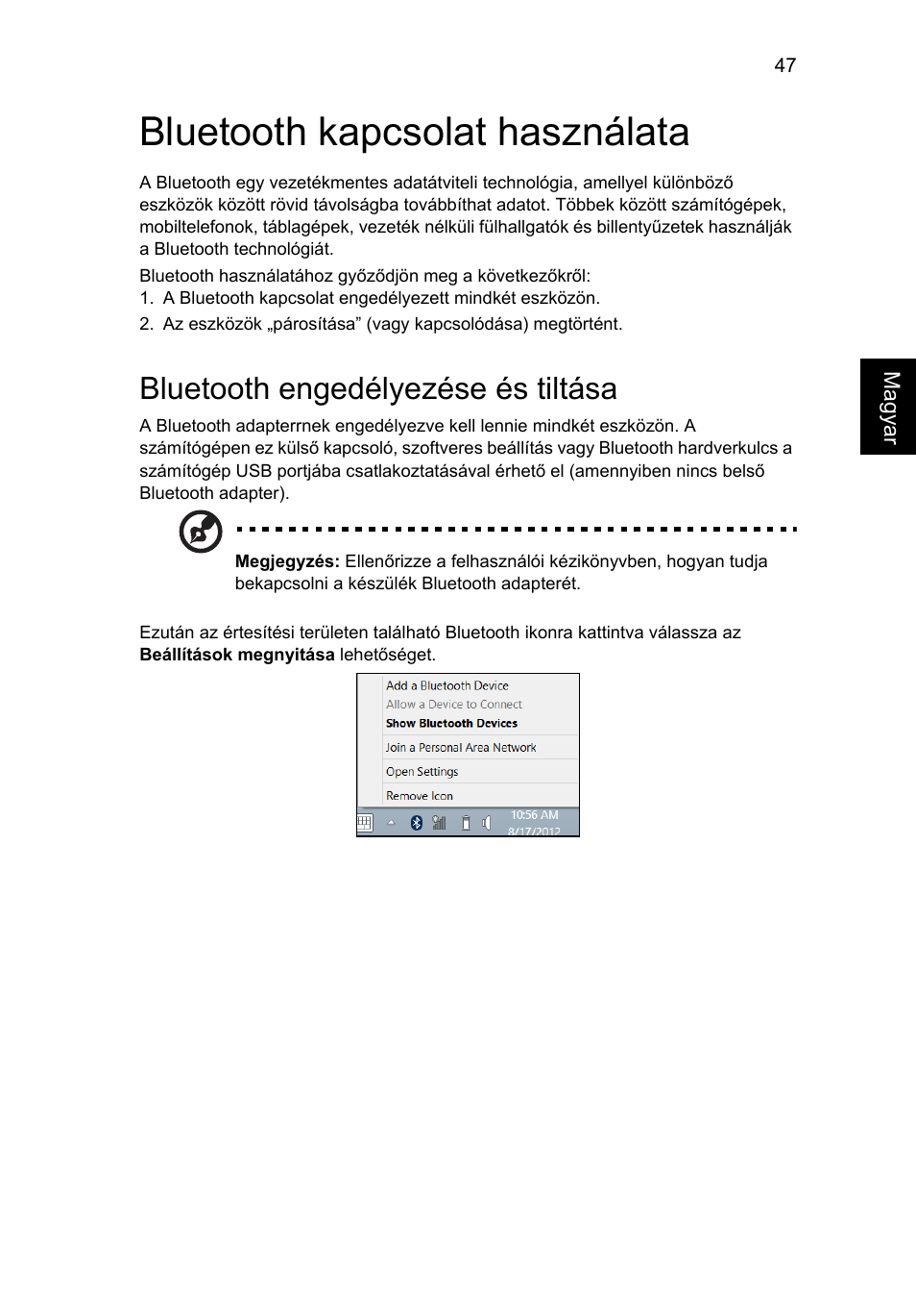 Bluetooth kapcsolat használata, Bluetooth engedélyezése és tiltása | Acer Aspire V5-571G User Manual | Page 1161 / 2484