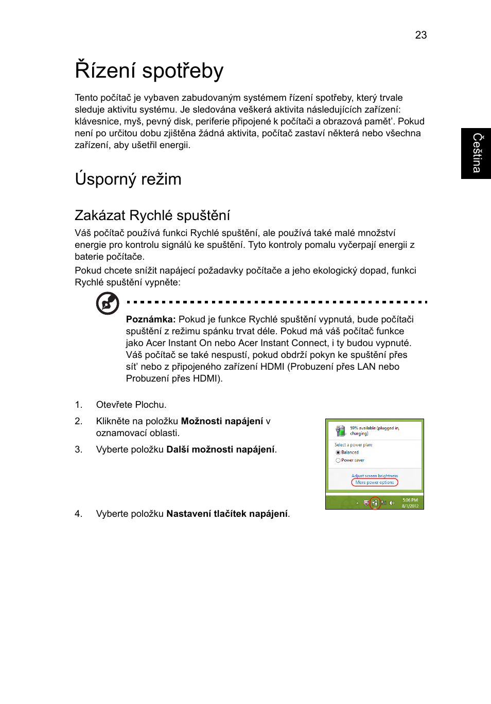 Řízení spotřeby, Úsporný režim, Zakázat rychlé spuštění | Acer Aspire V5-571G User Manual | Page 1221 / 2484