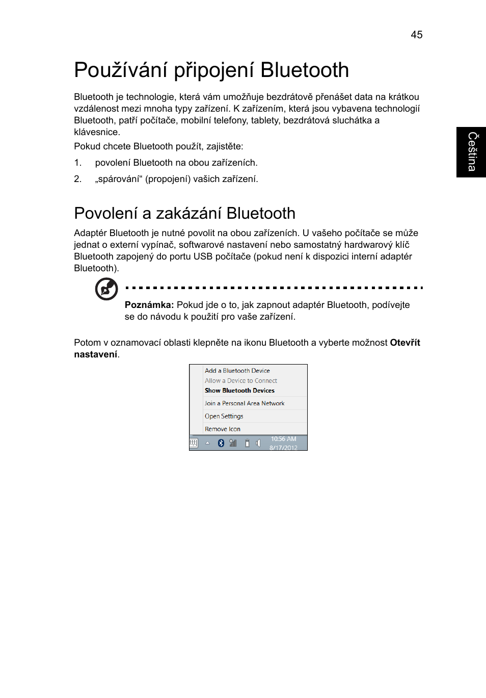 Používání připojení bluetooth, Povolení a zakázání bluetooth | Acer Aspire V5-571G User Manual | Page 1243 / 2484