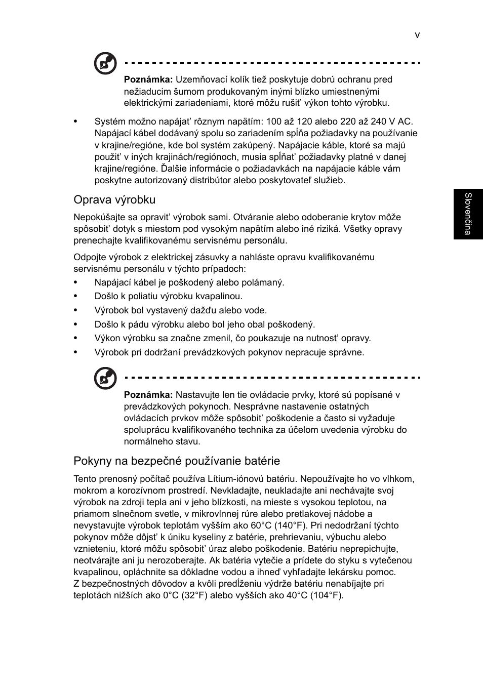 Oprava výrobku, Pokyny na bezpečné používanie batérie | Acer Aspire V5-571G User Manual | Page 1263 / 2484