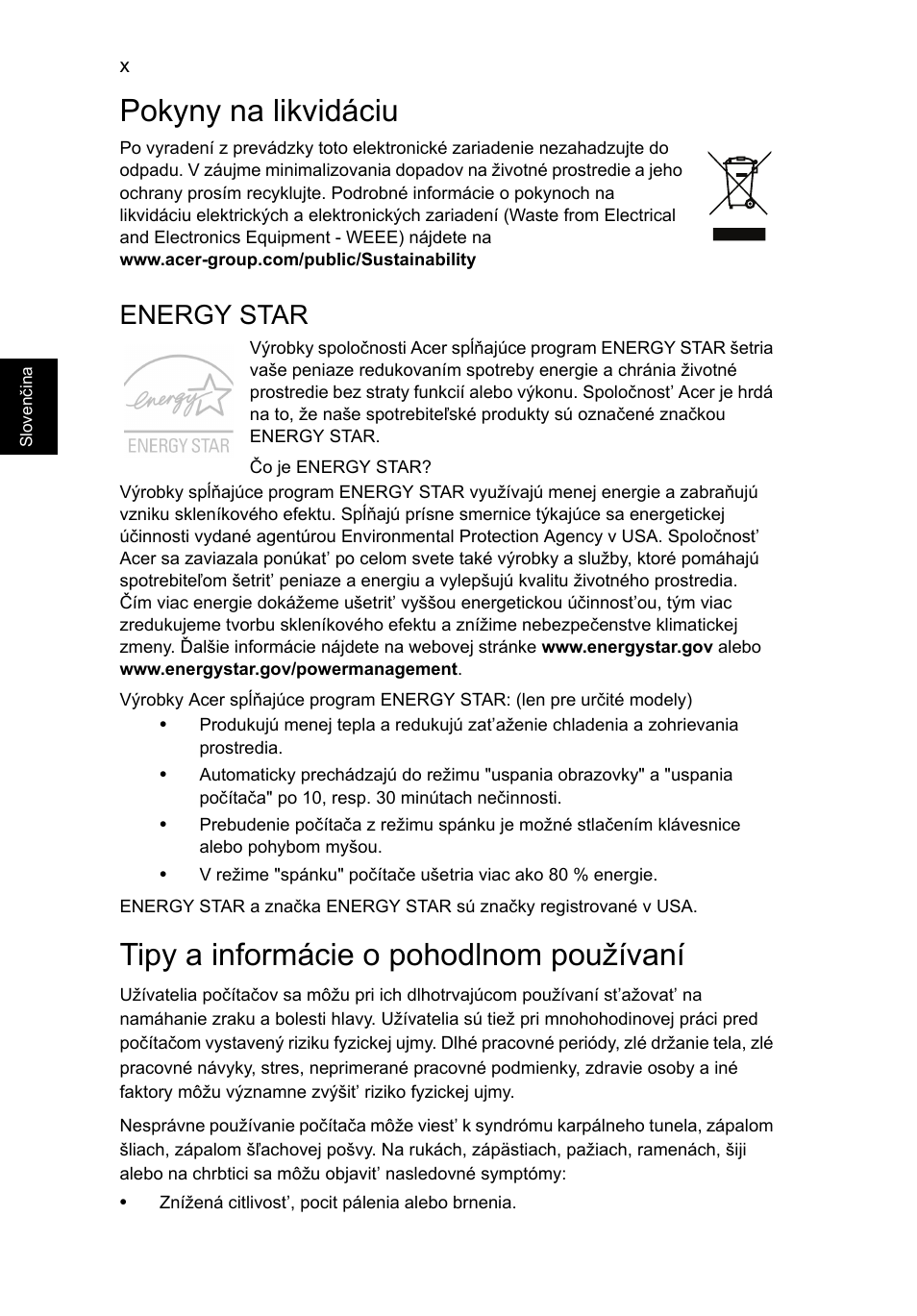 Pokyny na likvidáciu, Tipy a informácie o pohodlnom používaní, Energy star | Acer Aspire V5-571G User Manual | Page 1268 / 2484