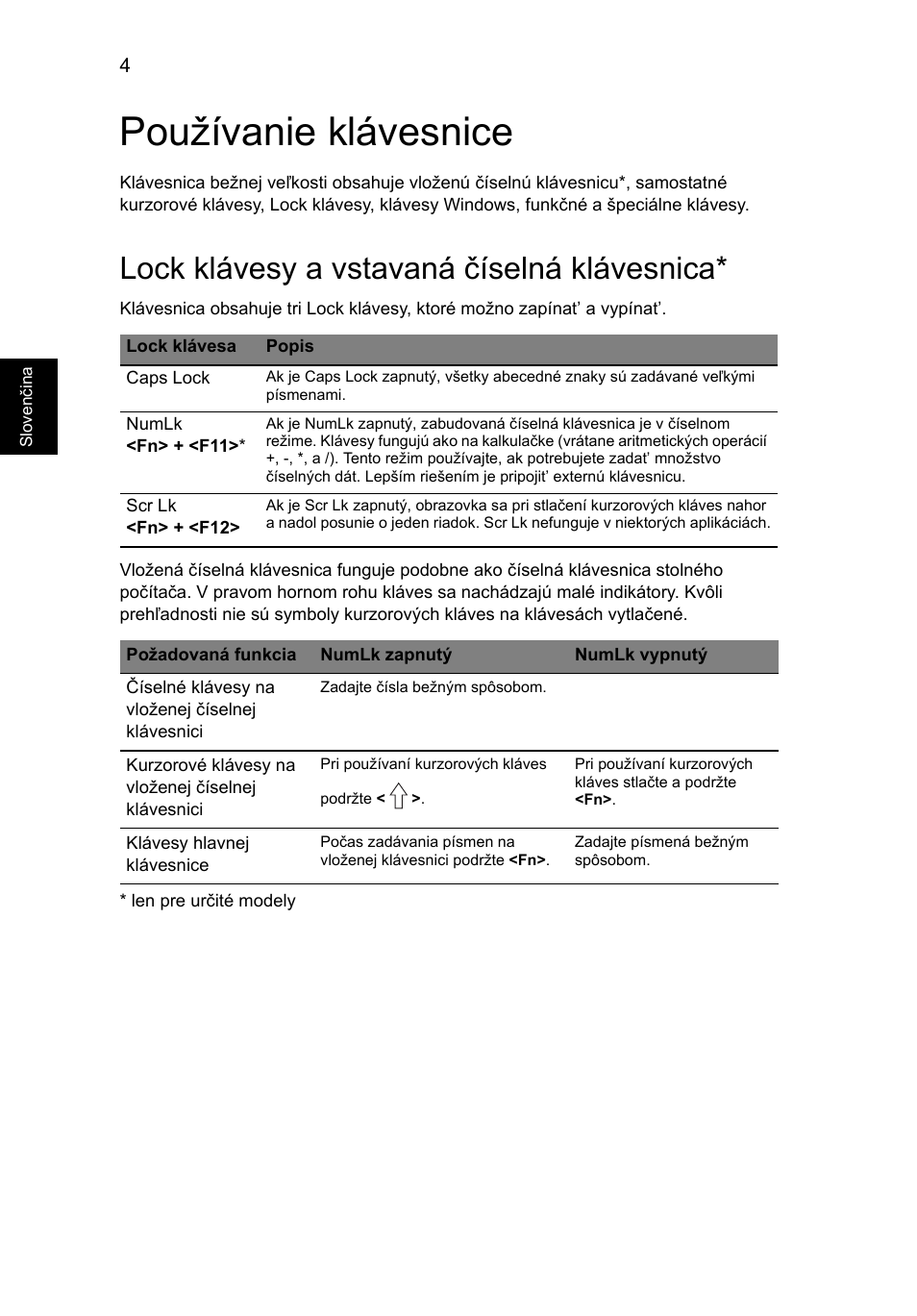 Používanie klávesnice, Lock klávesy a vstavaná číselná klávesnica | Acer Aspire V5-571G User Manual | Page 1282 / 2484