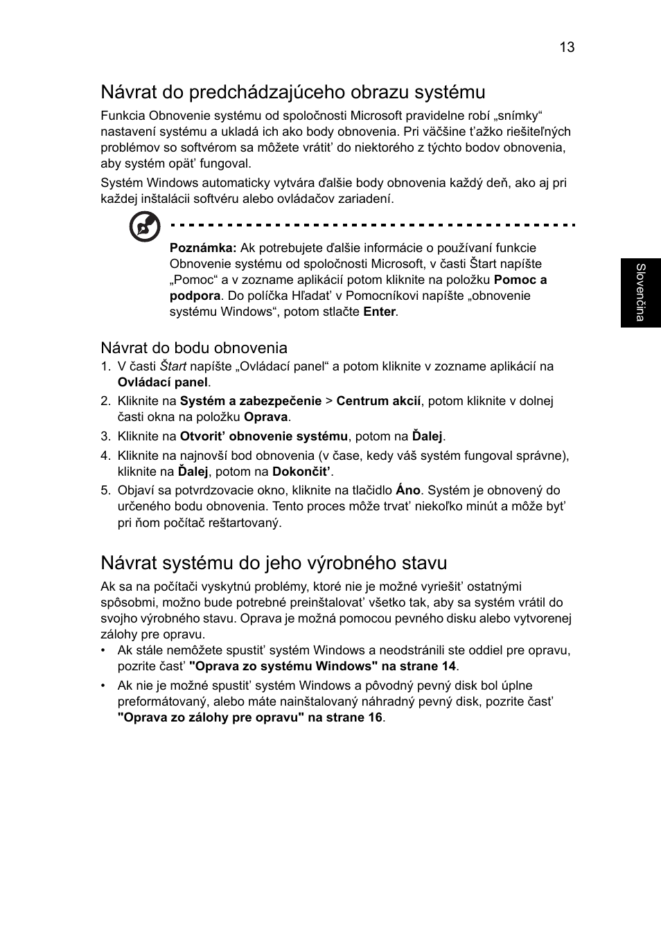 Návrat do predchádzajúceho obrazu systému, Návrat systému do jeho výrobného stavu | Acer Aspire V5-571G User Manual | Page 1291 / 2484