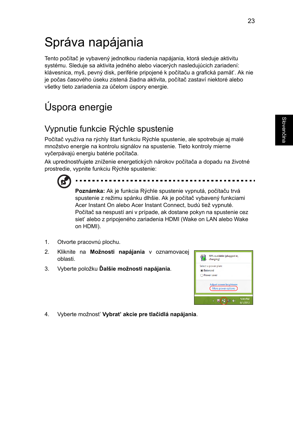 Správa napájania, Úspora energie, Vypnutie funkcie rýchle spustenie | Acer Aspire V5-571G User Manual | Page 1301 / 2484