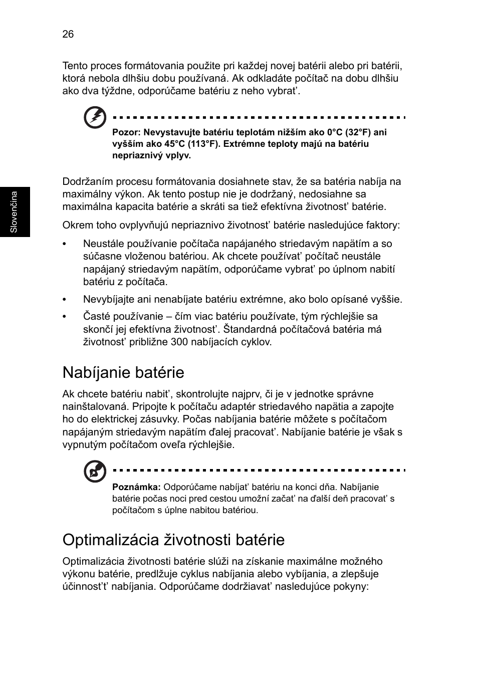 Nabíjanie batérie, Optimalizácia životnosti batérie | Acer Aspire V5-571G User Manual | Page 1304 / 2484