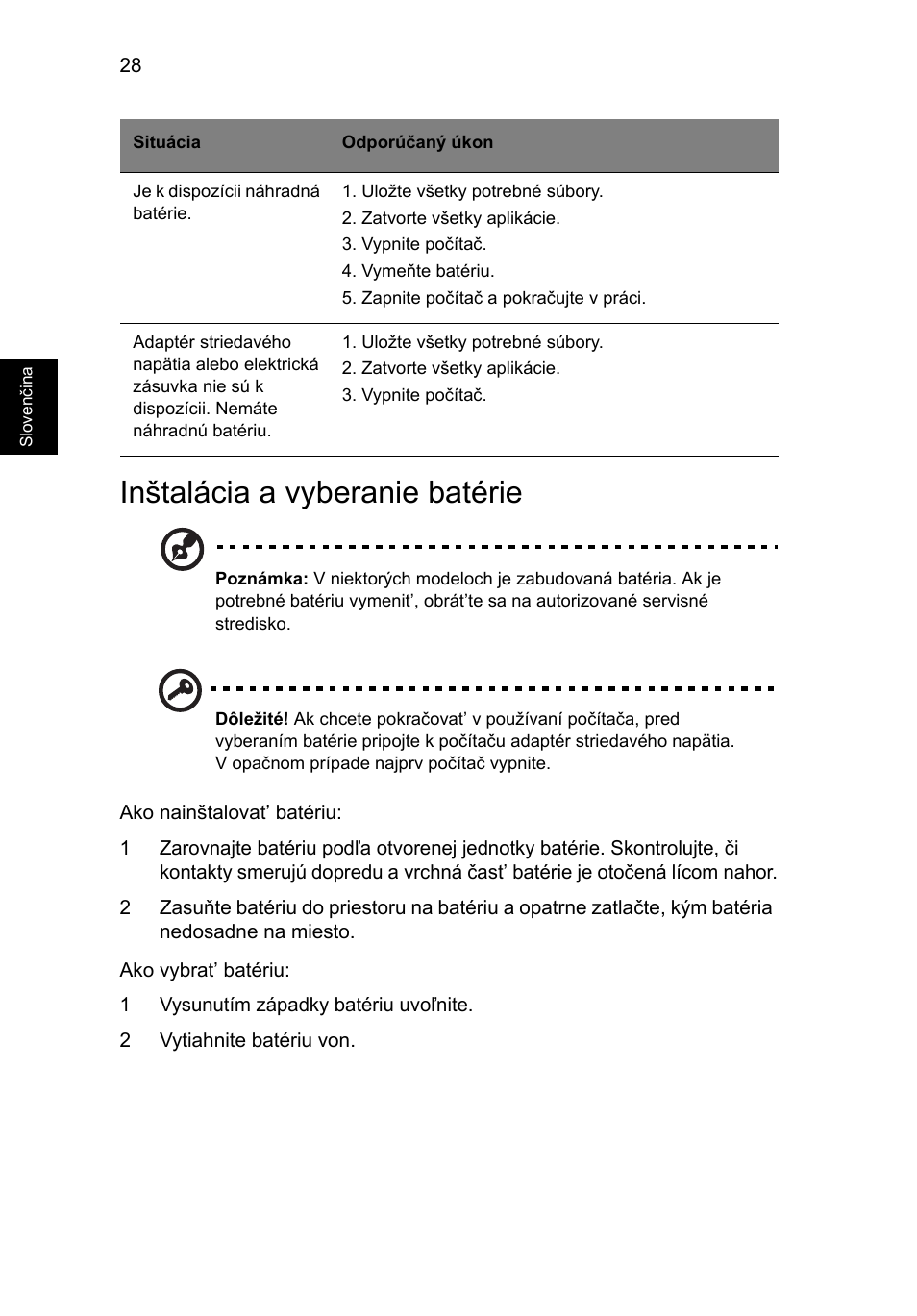 Inštalácia a vyberanie batérie | Acer Aspire V5-571G User Manual | Page 1306 / 2484