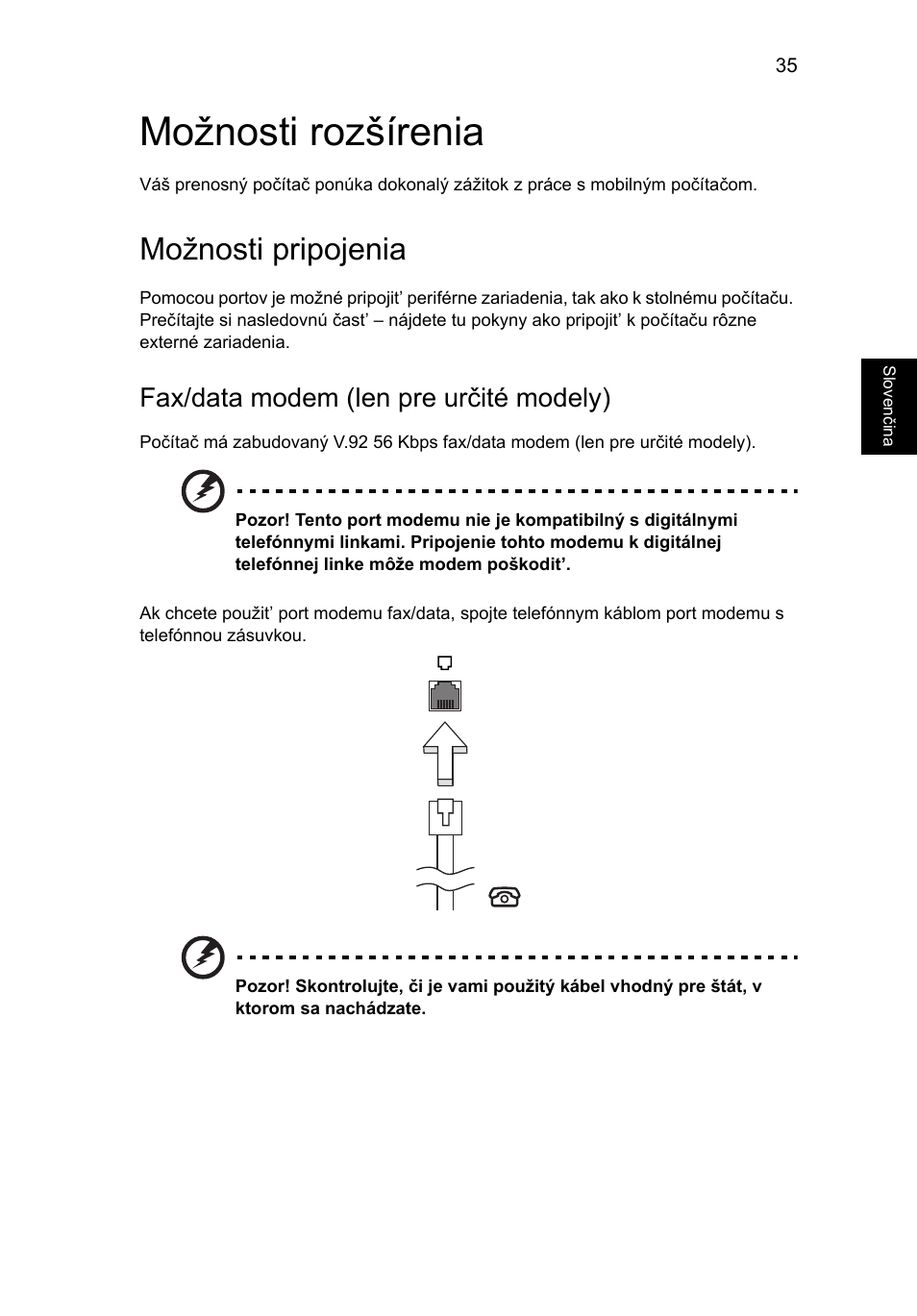 Možnosti rozšírenia, Možnosti pripojenia, Fax/data modem (len pre určité modely) | Acer Aspire V5-571G User Manual | Page 1313 / 2484