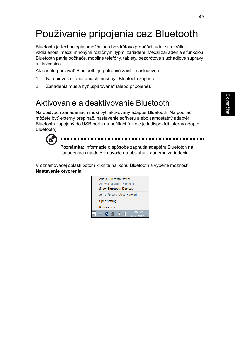 Používanie pripojenia cez bluetooth, Aktivovanie a deaktivovanie bluetooth | Acer Aspire V5-571G User Manual | Page 1323 / 2484