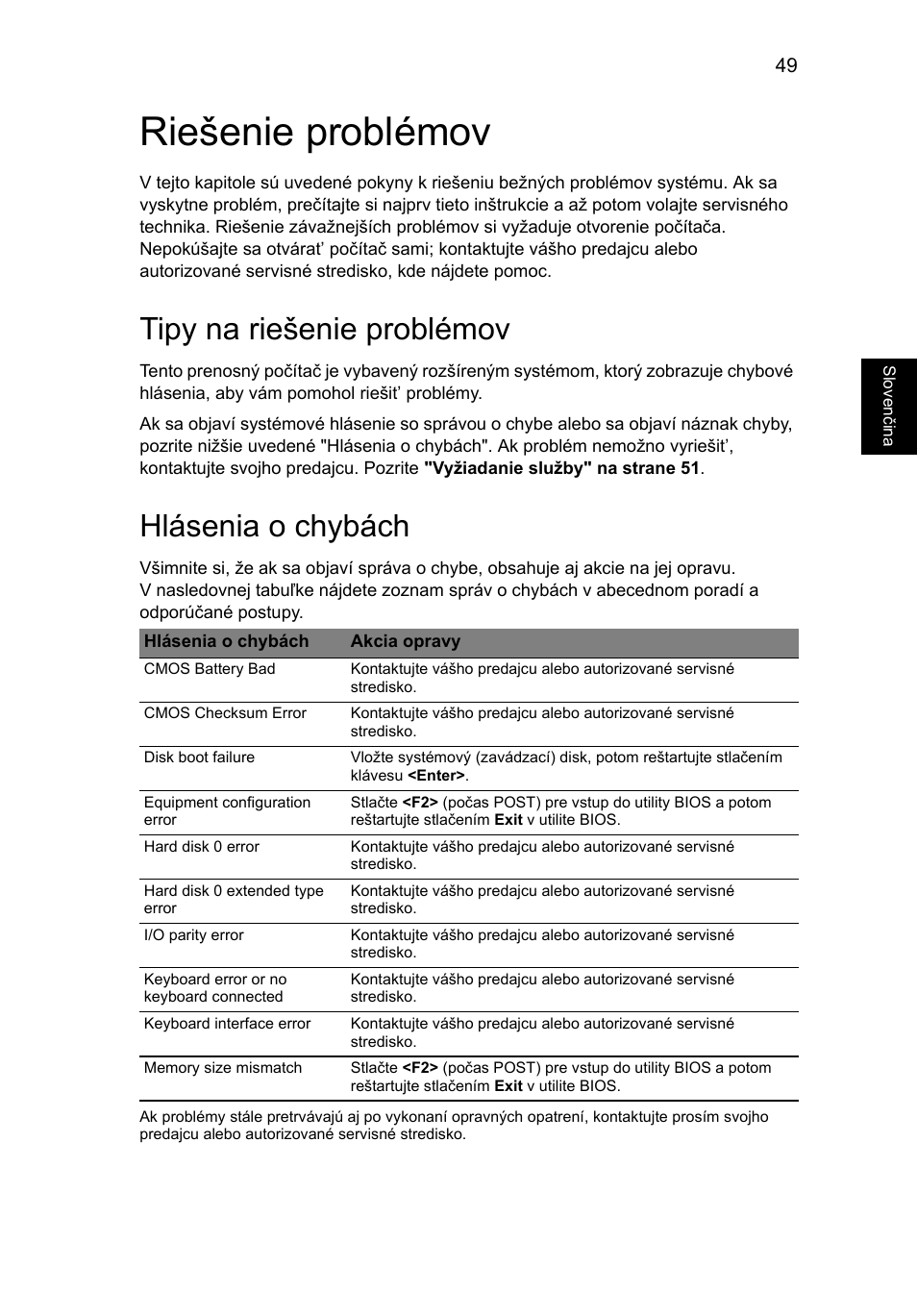 Riešenie problémov, Tipy na riešenie problémov, Hlásenia o chybách | Eng lish | Acer Aspire V5-571G User Manual | Page 1327 / 2484