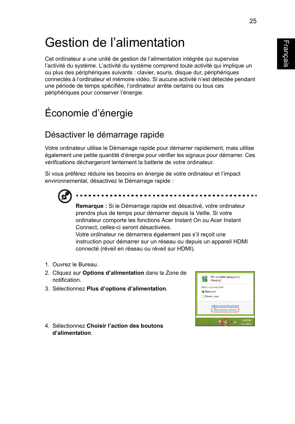 Gestion de l’alimentation, Économie d’énergie, Désactiver le démarrage rapide | Français | Acer Aspire V5-571G User Manual | Page 133 / 2484