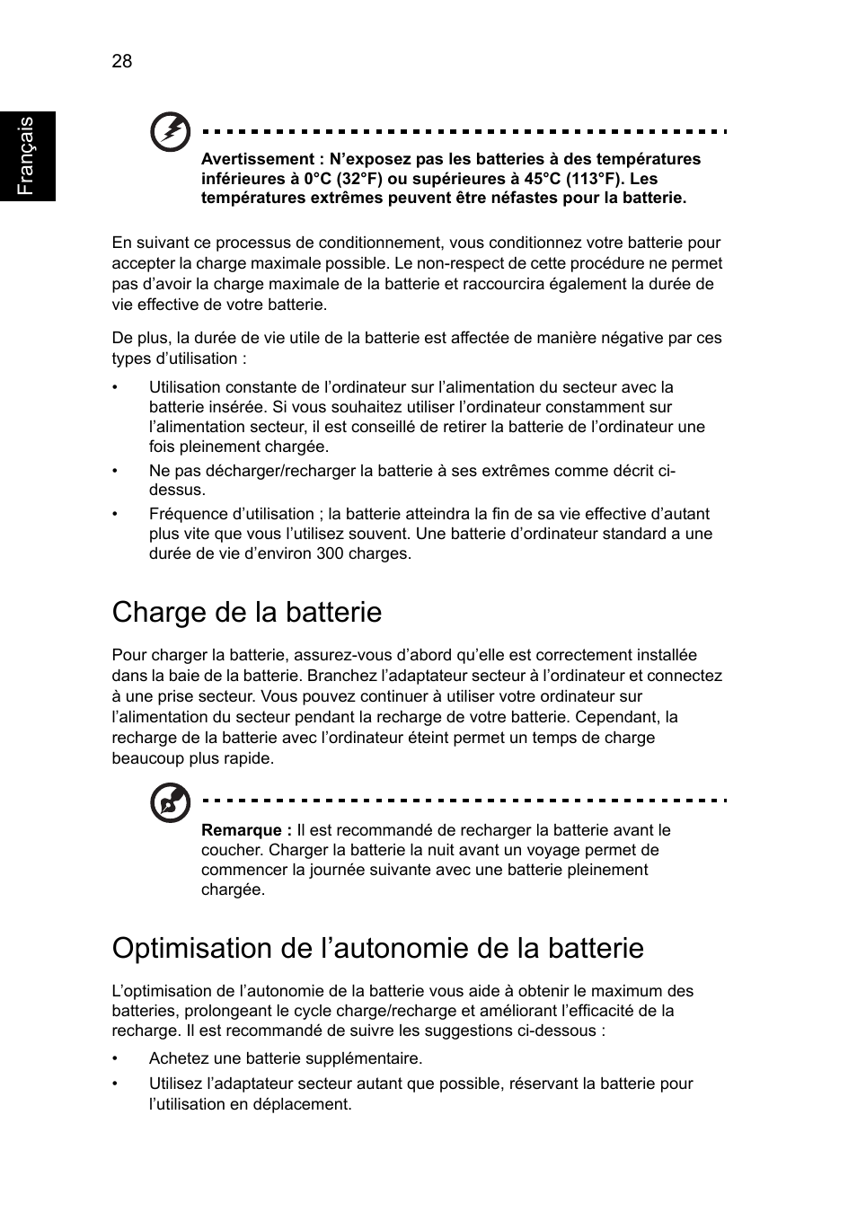 Charge de la batterie, Optimisation de l’autonomie de la batterie | Acer Aspire V5-571G User Manual | Page 136 / 2484