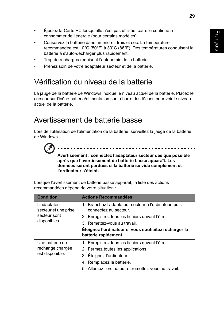 Vérification du niveau de la batterie, Avertissement de batterie basse, Français | Acer Aspire V5-571G User Manual | Page 137 / 2484