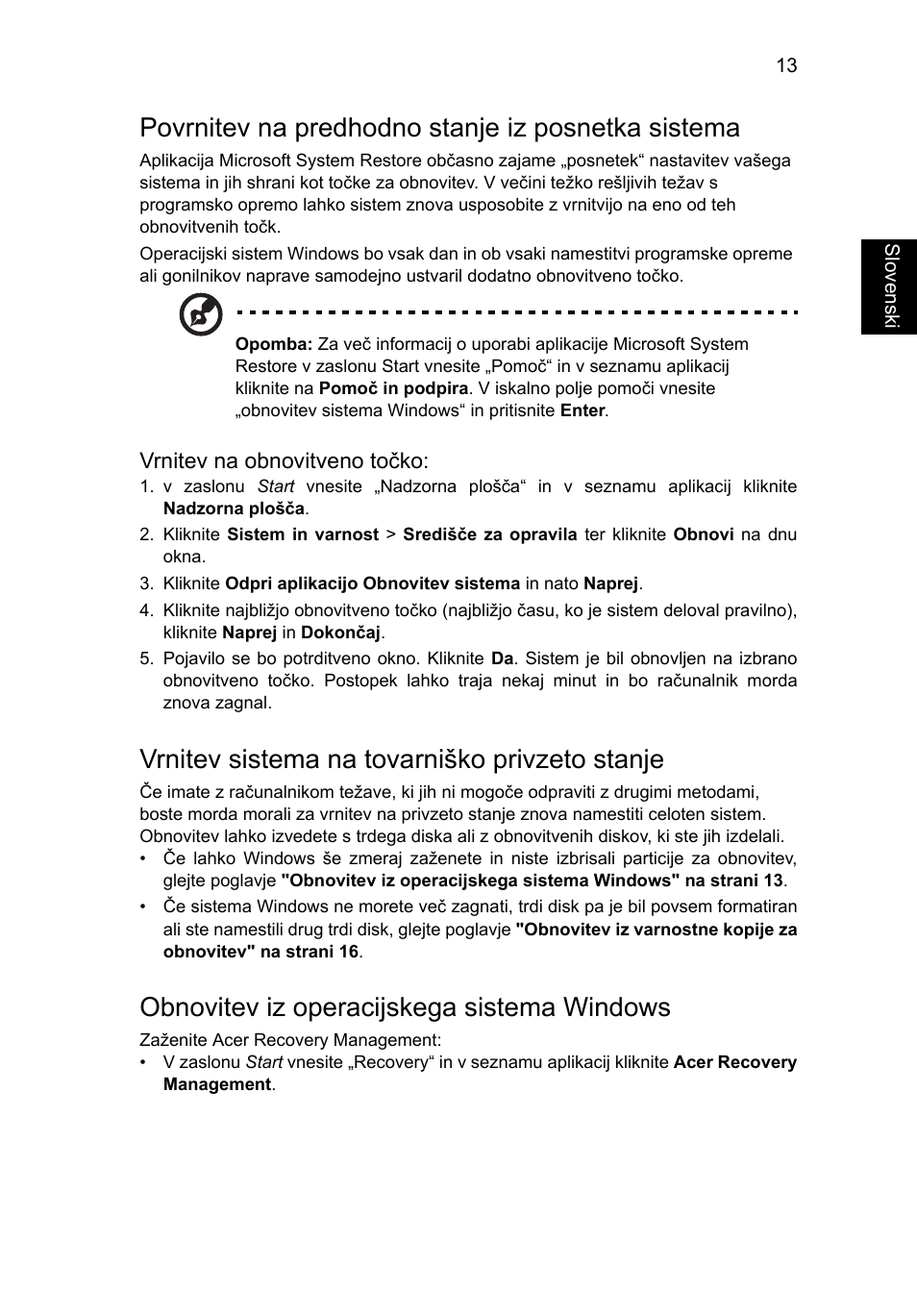 Povrnitev na predhodno stanje iz posnetka sistema, Vrnitev sistema na tovarniško privzeto stanje, Obnovitev iz operacijskega sistema windows | Acer Aspire V5-571G User Manual | Page 1371 / 2484