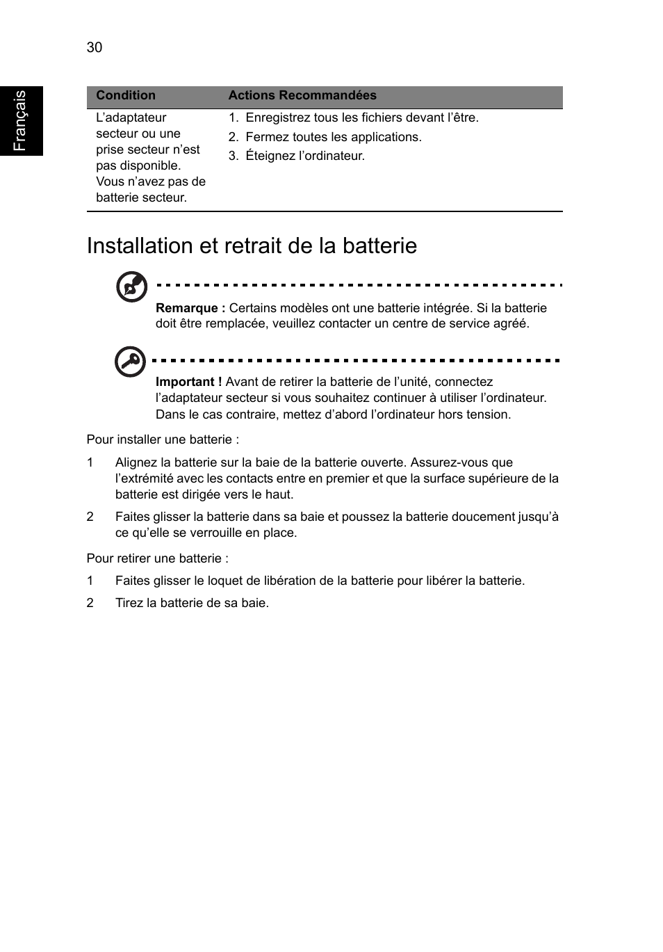 Installation et retrait de la batterie | Acer Aspire V5-571G User Manual | Page 138 / 2484