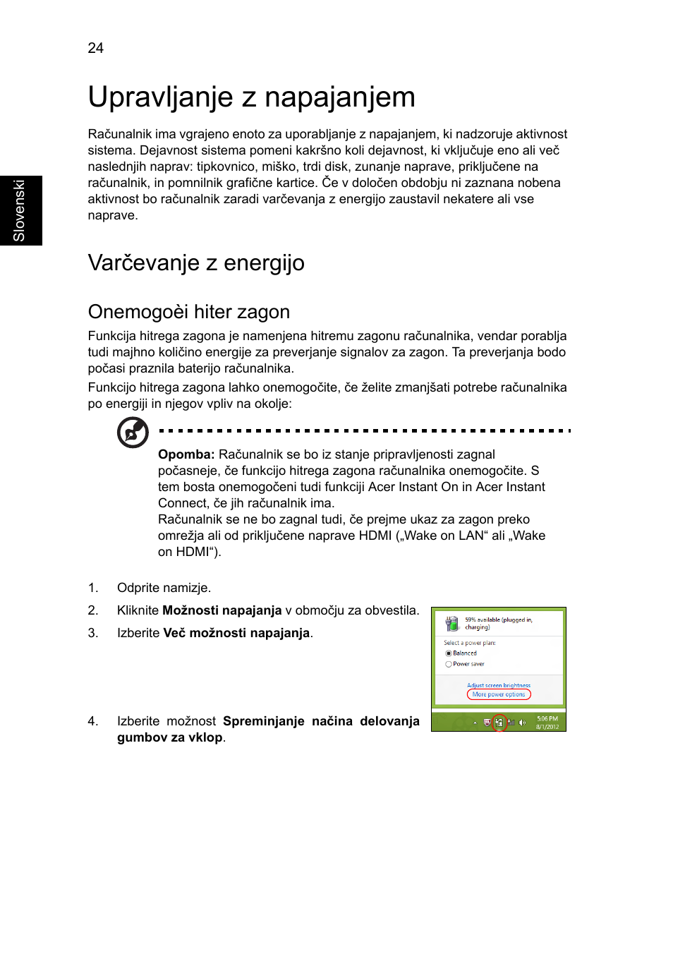 Upravljanje z napajanjem, Varčevanje z energijo, Onemogoèi hiter zagon | Acer Aspire V5-571G User Manual | Page 1382 / 2484