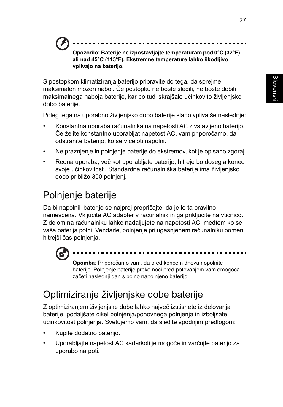 Polnjenje baterije, Optimiziranje življenjske dobe baterije | Acer Aspire V5-571G User Manual | Page 1385 / 2484