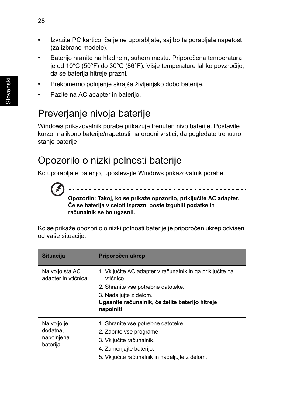 Preverjanje nivoja baterije, Opozorilo o nizki polnosti baterije | Acer Aspire V5-571G User Manual | Page 1386 / 2484