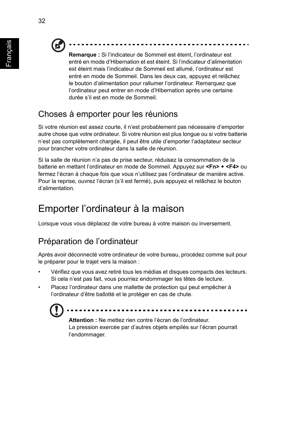 Emporter l’ordinateur à la maison, Choses à emporter pour les réunions, Préparation de l’ordinateur | Acer Aspire V5-571G User Manual | Page 140 / 2484