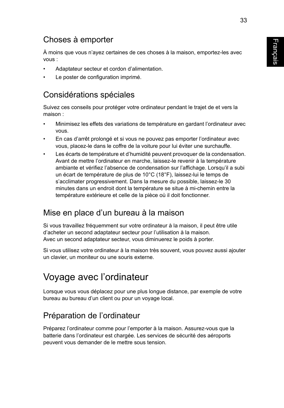 Voyage avec l’ordinateur, Choses à emporter, Considérations spéciales | Mise en place d’un bureau à la maison, Préparation de l’ordinateur, Français | Acer Aspire V5-571G User Manual | Page 141 / 2484