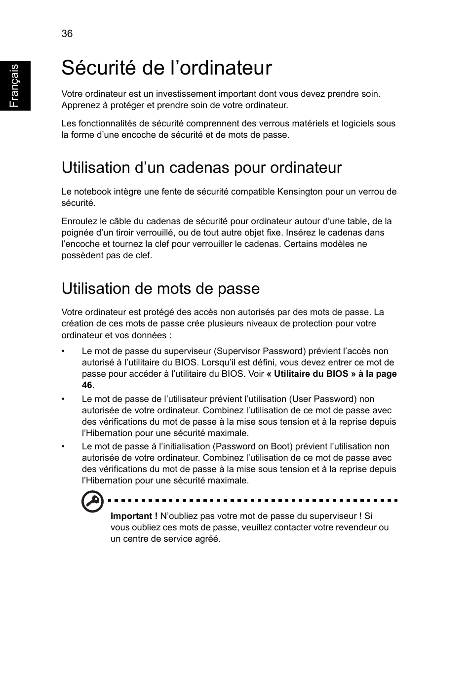 Sécurité de l’ordinateur, Utilisation d’un cadenas pour ordinateur, Utilisation de mots de passe | Acer Aspire V5-571G User Manual | Page 144 / 2484