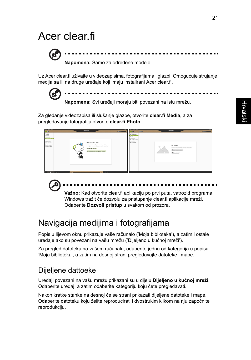 Acer clear.fi, Navigacija medijima i fotografijama, Dijeljene dattoeke | Acer Aspire V5-571G User Manual | Page 1463 / 2484