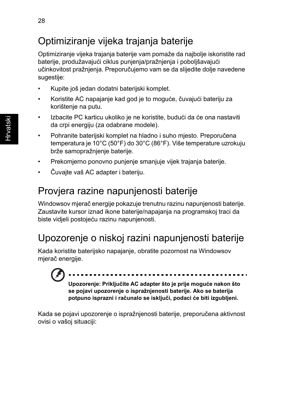 Optimiziranje vijeka trajanja baterije, Provjera razine napunjenosti baterije, Upozorenje o niskoj razini napunjenosti baterije | Acer Aspire V5-571G User Manual | Page 1470 / 2484