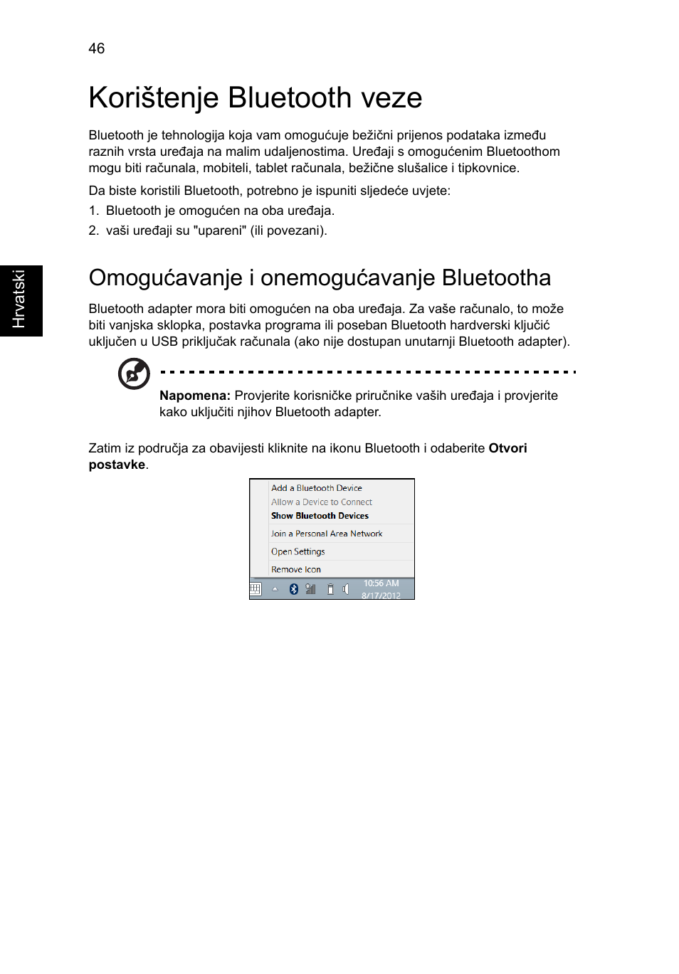 Korištenje bluetooth veze, Omogućavanje i onemogućavanje bluetootha | Acer Aspire V5-571G User Manual | Page 1488 / 2484