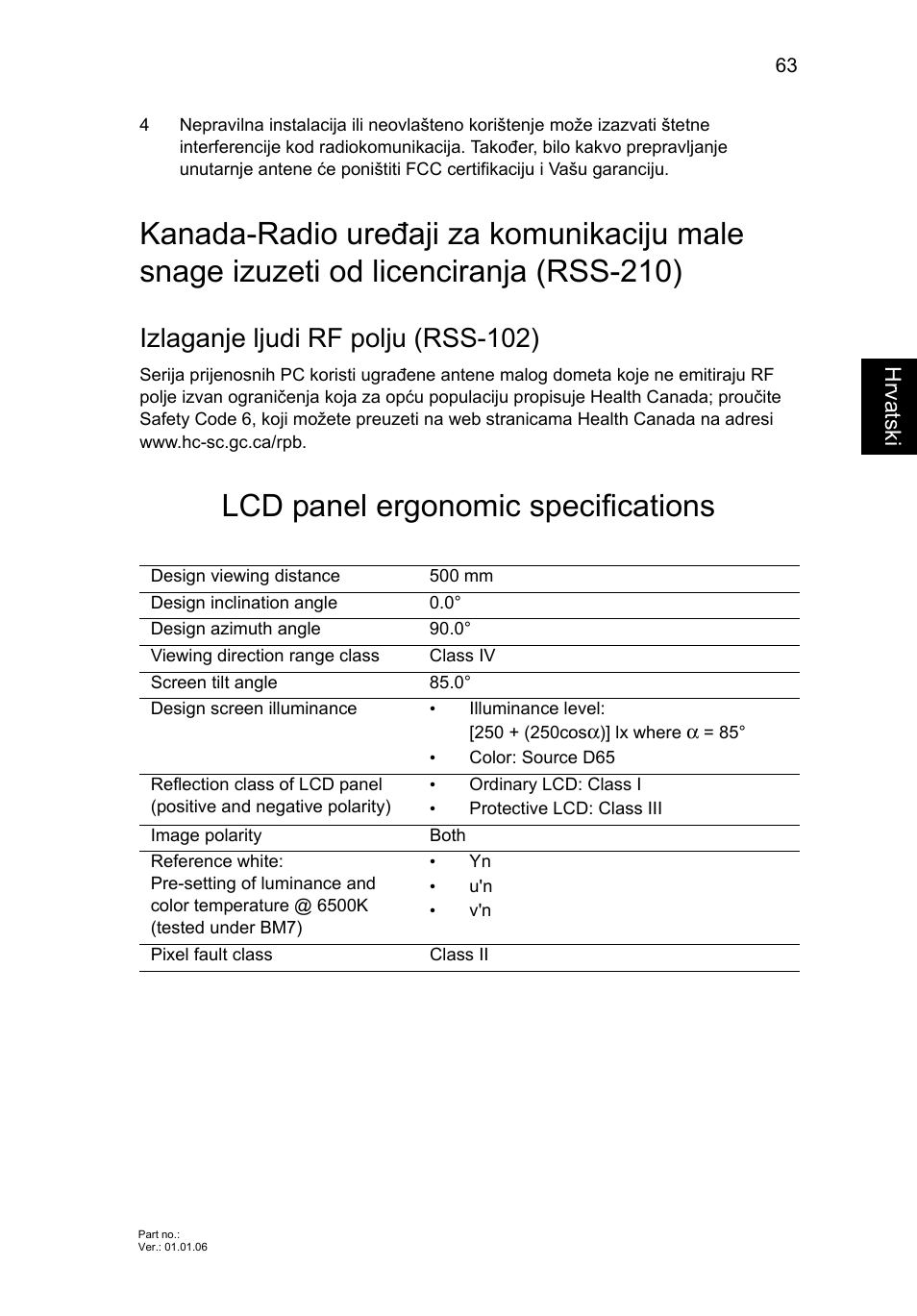 Lcd panel ergonomic specifications, Izlaganje ljudi rf polju (rss-102) | Acer Aspire V5-571G User Manual | Page 1505 / 2484