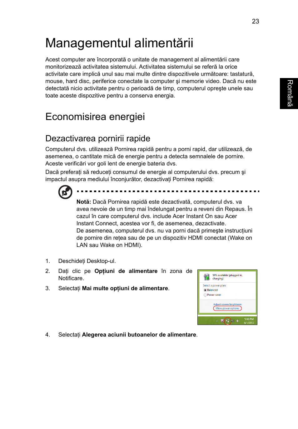 Managementul alimentării, Economisirea energiei, Dezactivarea pornirii rapide | Acer Aspire V5-571G User Manual | Page 1549 / 2484