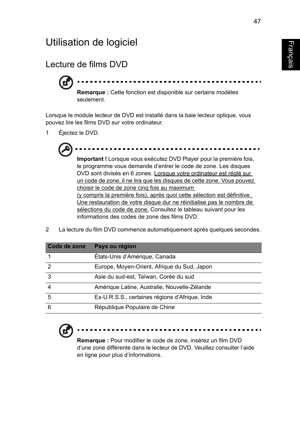 Utilisation de logiciel, Lecture de films dvd, Français | Acer Aspire V5-571G User Manual | Page 155 / 2484