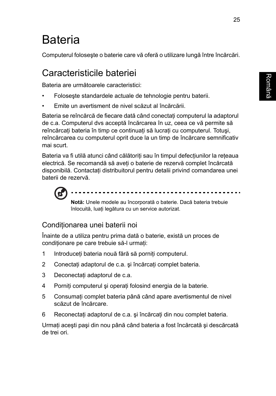 Bateria, Caracteristicile bateriei, Condiţionarea unei baterii noi | Acer Aspire V5-571G User Manual | Page 1551 / 2484