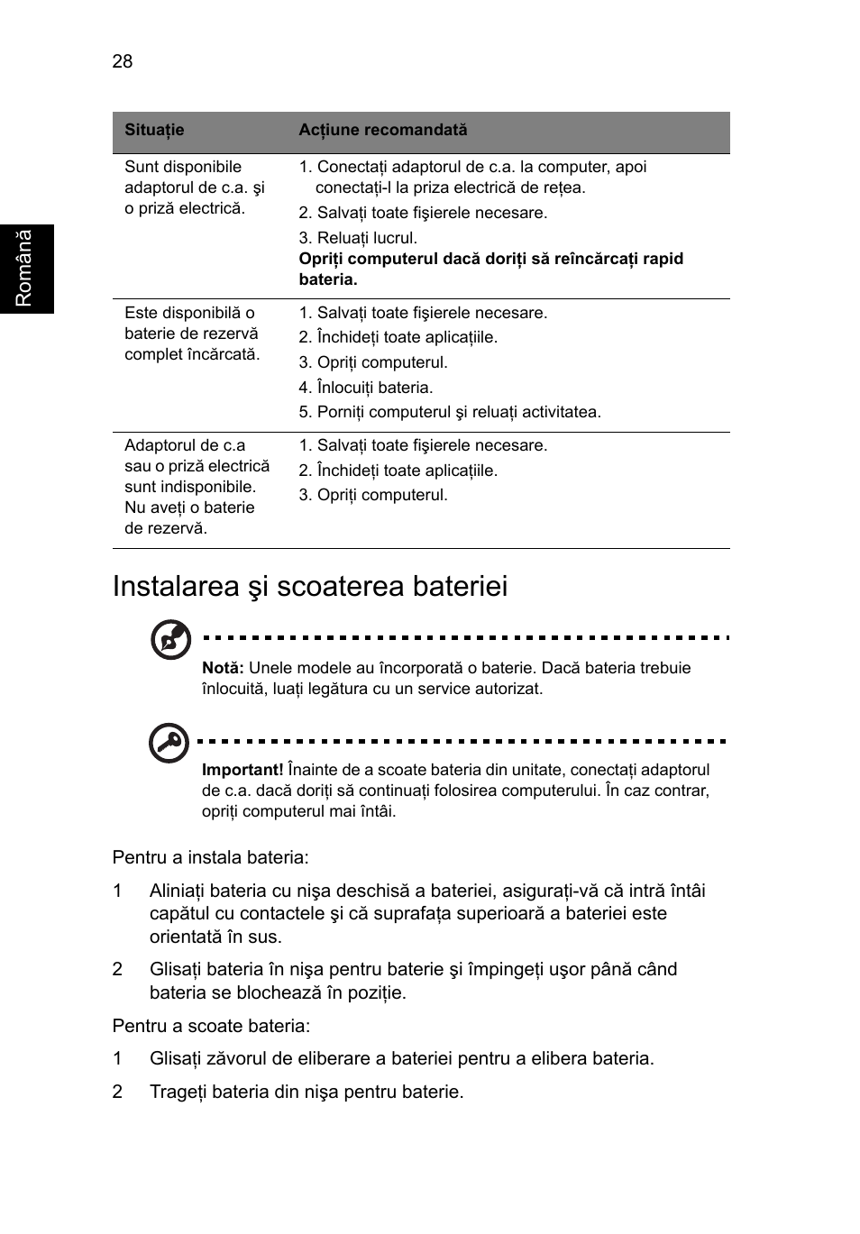 Instalarea şi scoaterea bateriei | Acer Aspire V5-571G User Manual | Page 1554 / 2484