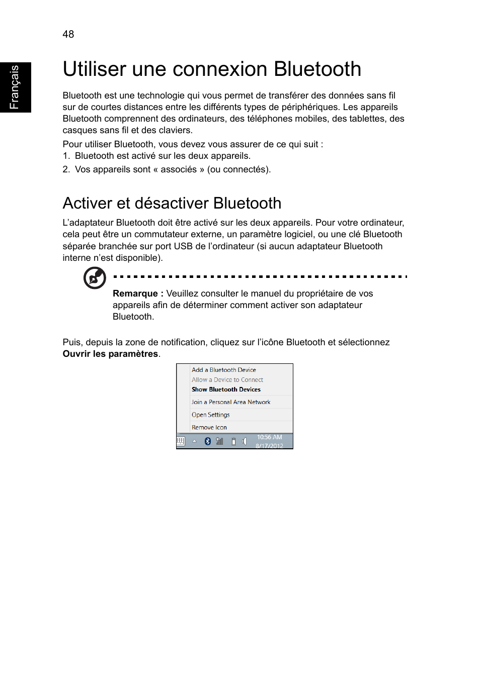 Utiliser une connexion bluetooth, Activer et désactiver bluetooth | Acer Aspire V5-571G User Manual | Page 156 / 2484