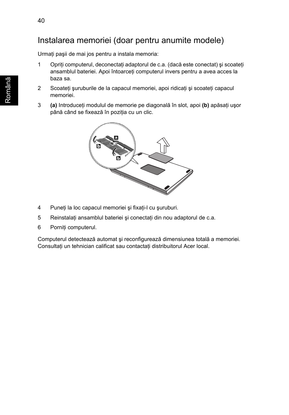 Instalarea memoriei (doar pentru anumite modele) | Acer Aspire V5-571G User Manual | Page 1566 / 2484