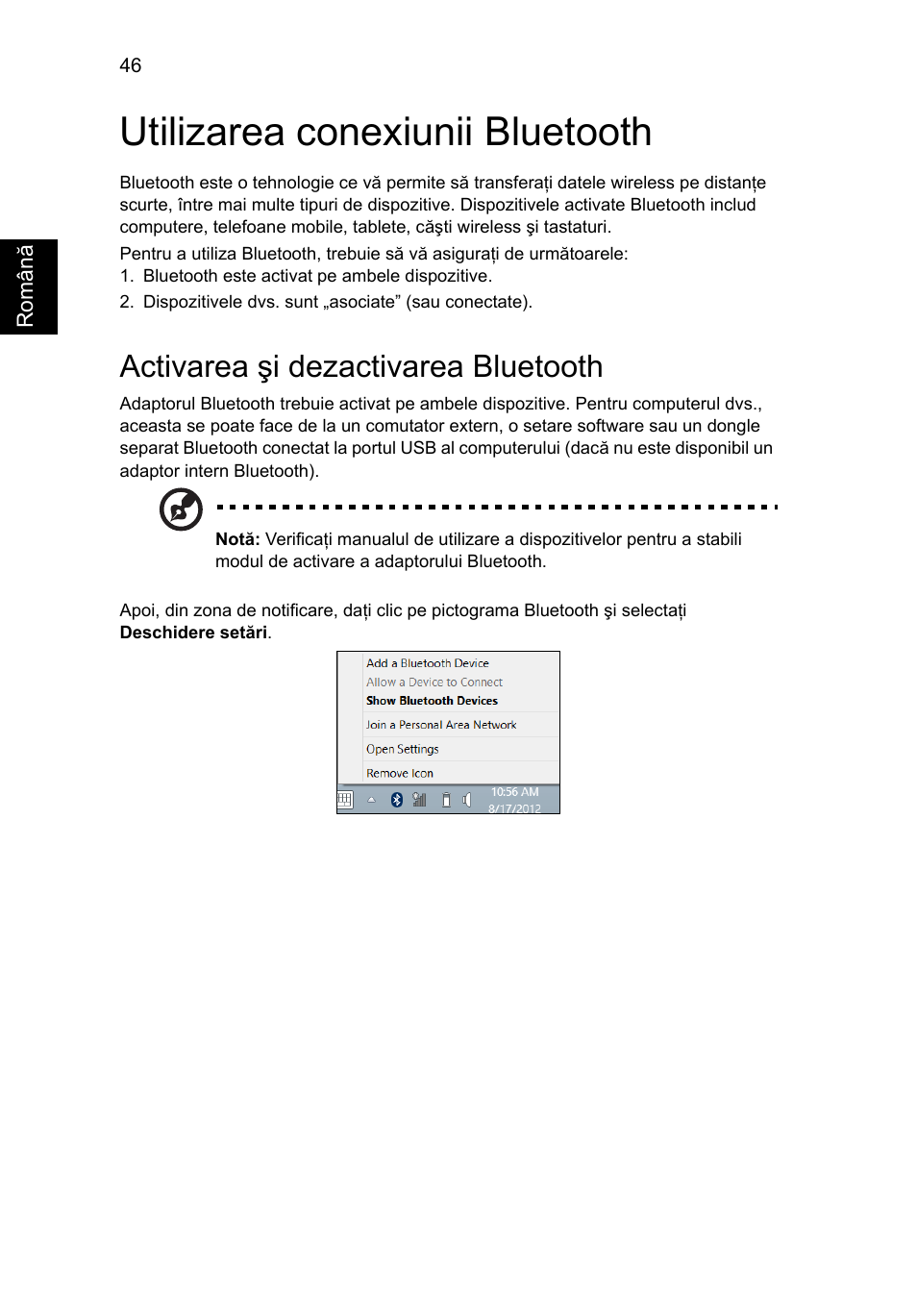 Utilizarea conexiunii bluetooth, Activarea şi dezactivarea bluetooth | Acer Aspire V5-571G User Manual | Page 1572 / 2484