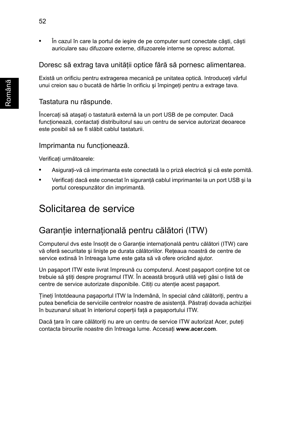 Solicitarea de service, Garanţie internaţională pentru călători (itw) | Acer Aspire V5-571G User Manual | Page 1578 / 2484