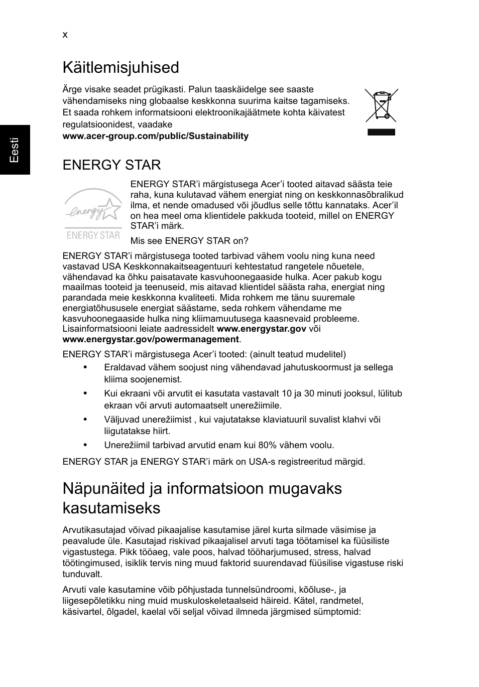 Käitlemisjuhised, Näpunäited ja informatsioon mugavaks kasutamiseks, Energy star | Acer Aspire V5-571G User Manual | Page 1684 / 2484