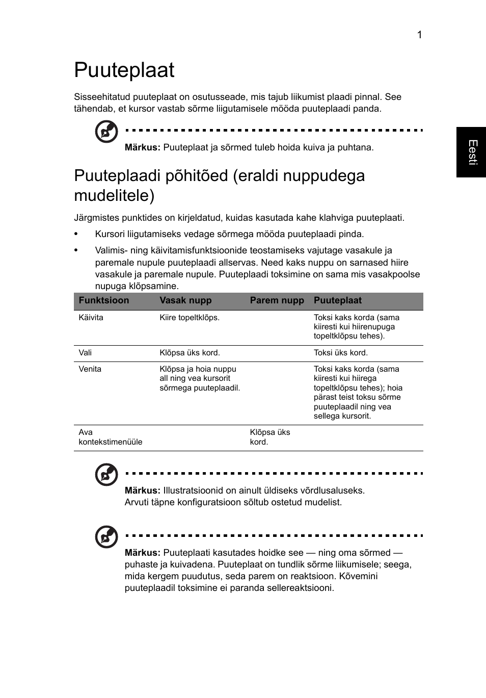Puuteplaat, Puuteplaadi põhitõed (eraldi nuppudega mudelitele) | Acer Aspire V5-571G User Manual | Page 1695 / 2484