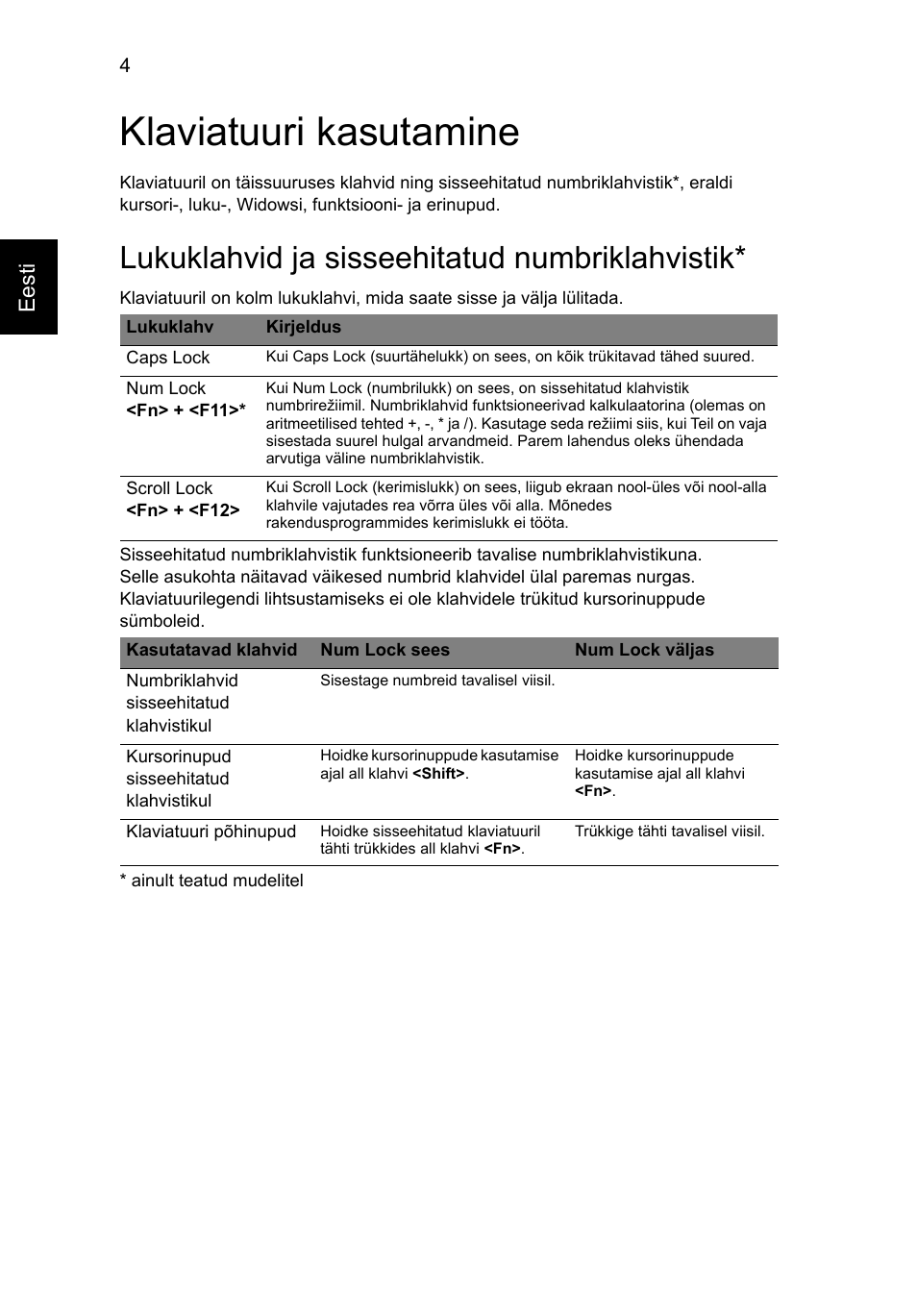 Klaviatuuri kasutamine, Lukuklahvid ja sisseehitatud numbriklahvistik | Acer Aspire V5-571G User Manual | Page 1698 / 2484