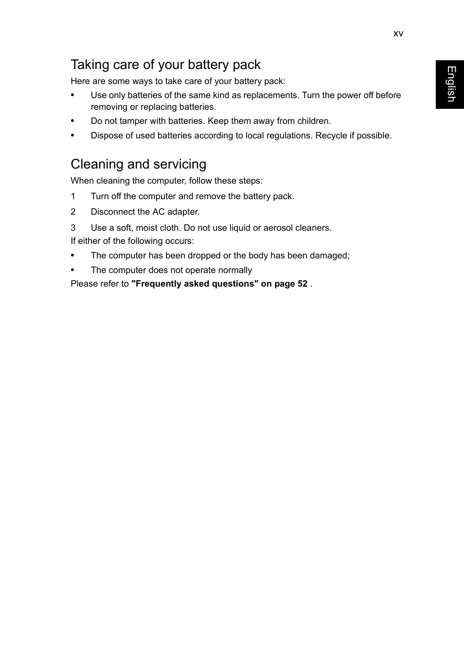 Taking care of your battery pack, Cleaning and servicing | Acer Aspire V5-571G User Manual | Page 17 / 2484